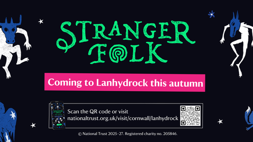 Promotional illustrated banner for the Stranger Folk app at Lanhydrock